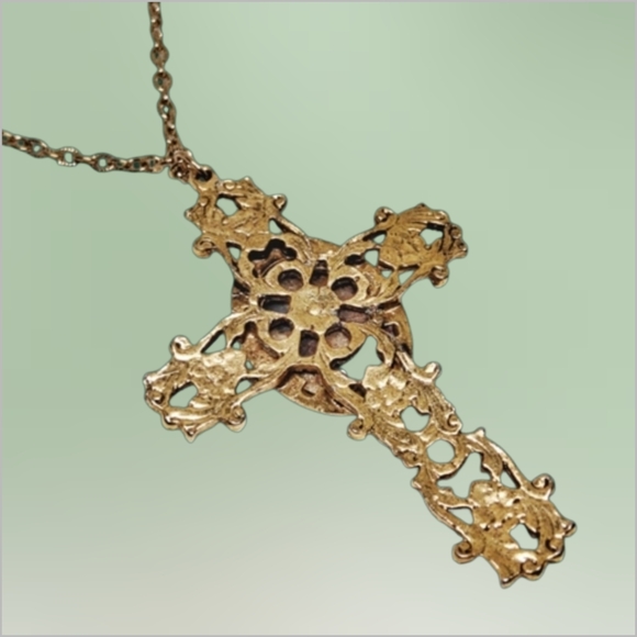 Gold-Tone Ornate Cross Necklace with Natural Stone Cabochon - Picture 6 of 7
